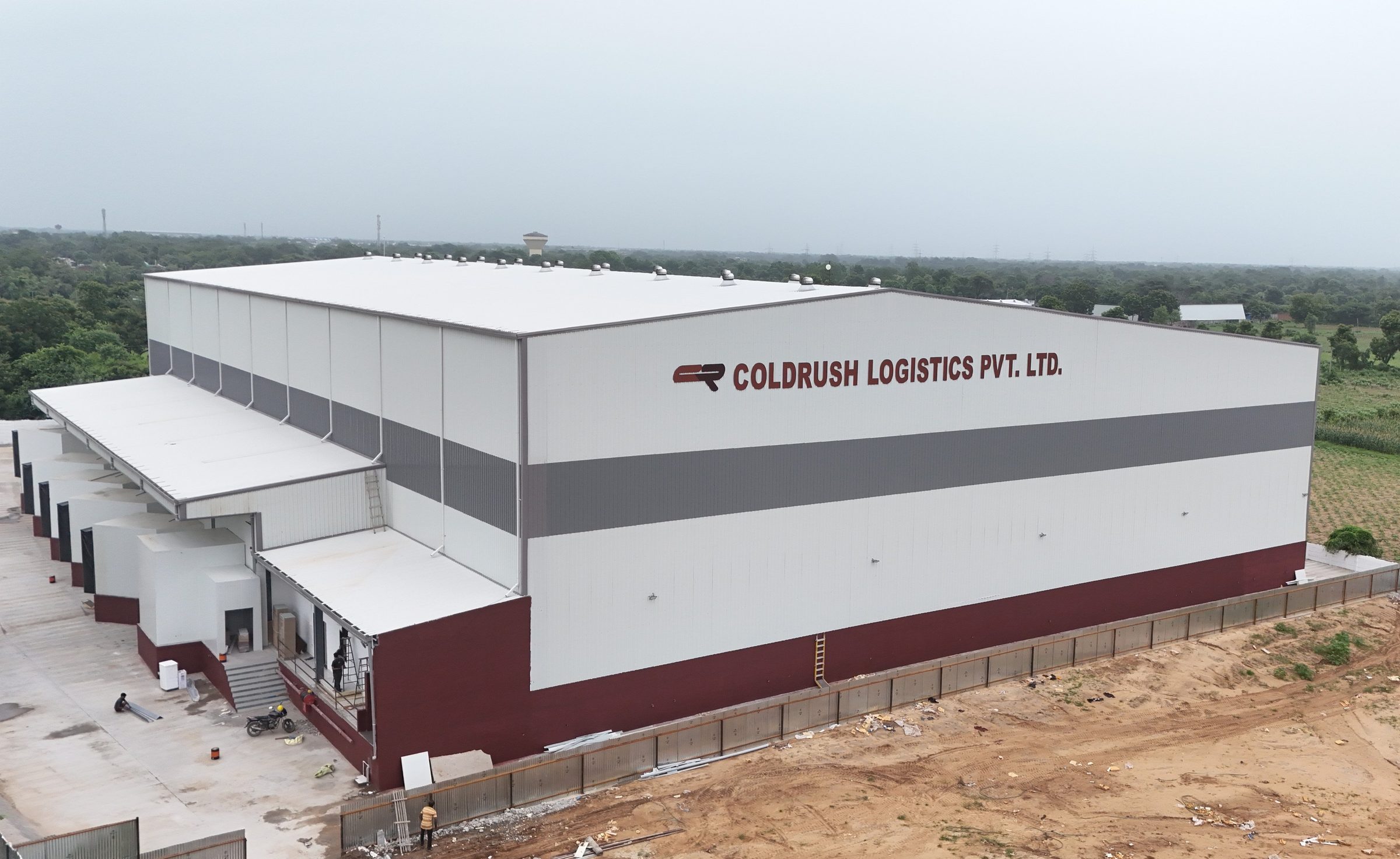 Coldrush Logistics cold storage PEB building by AcuFabInfraStructure, aerial view
